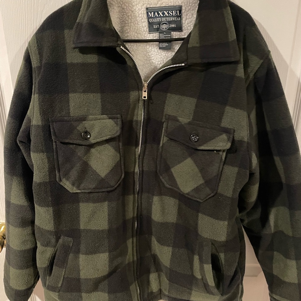 MAXXSEL Olive Green & Black Buffalo Plaid Fleece Jacket